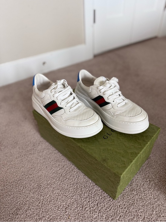 Gucci Shoes - AUTHENTIC Gucci White Leather Sneakers with Red & Green Stripe and Blue Heel